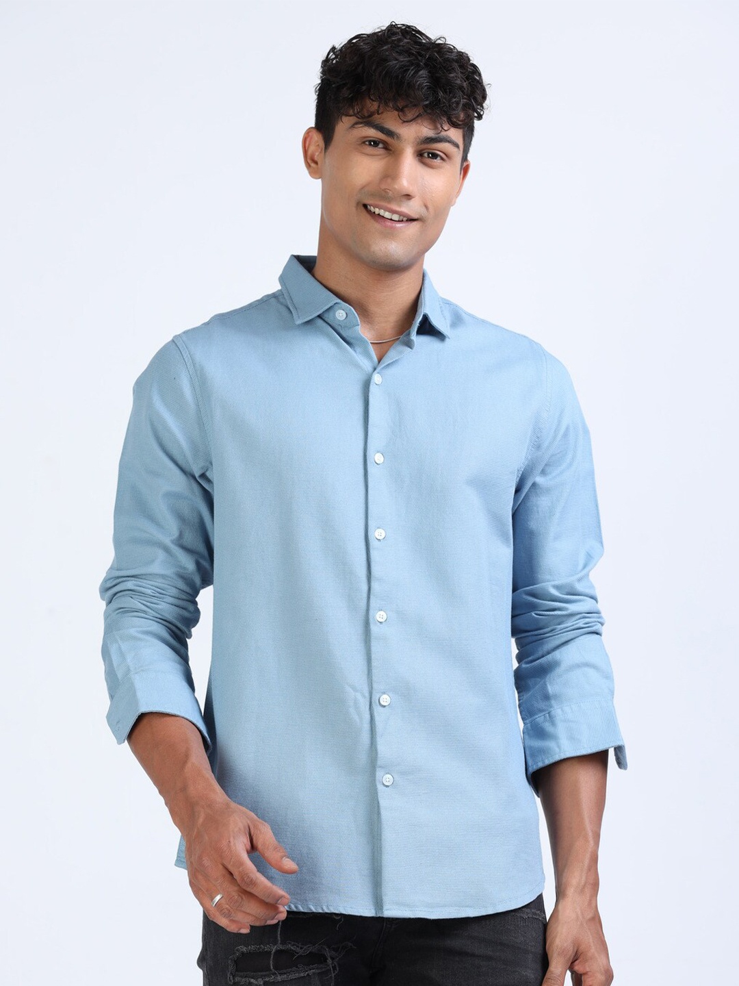 

FLY 69 Premium Slim Fit Casual Dobby Cotton Shirt, Blue