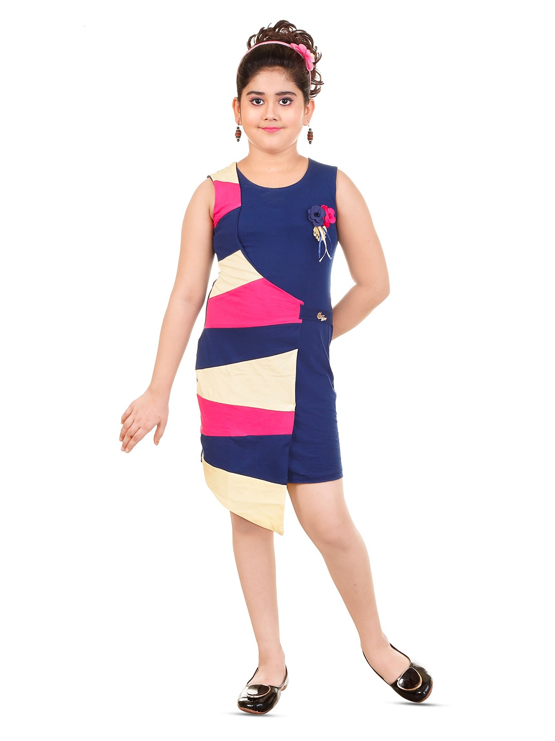 

BAESD Girls Round Neck Colourblocked Pure Cotton Sheath Dress, Navy blue