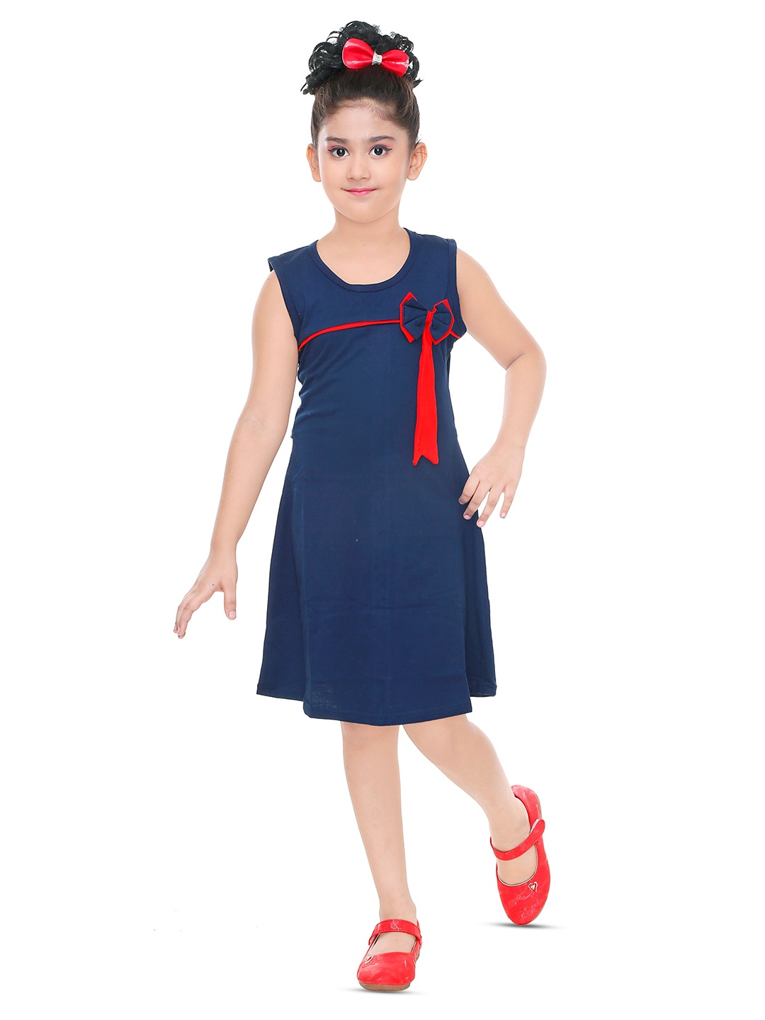 

BAESD Girls Round Neck Pure Cotton A-Line Dress, Navy blue