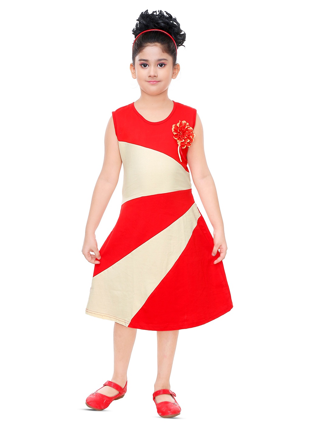 

BAESD Girls Colourblocked Cotton Sleeveless Tie-Ups A-Line Dress, Red