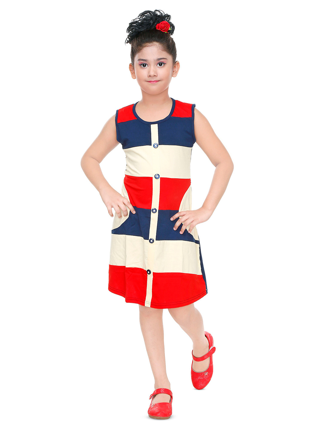 

BAESD Girls Colourblocked Cotton A-Line Dress, Navy blue
