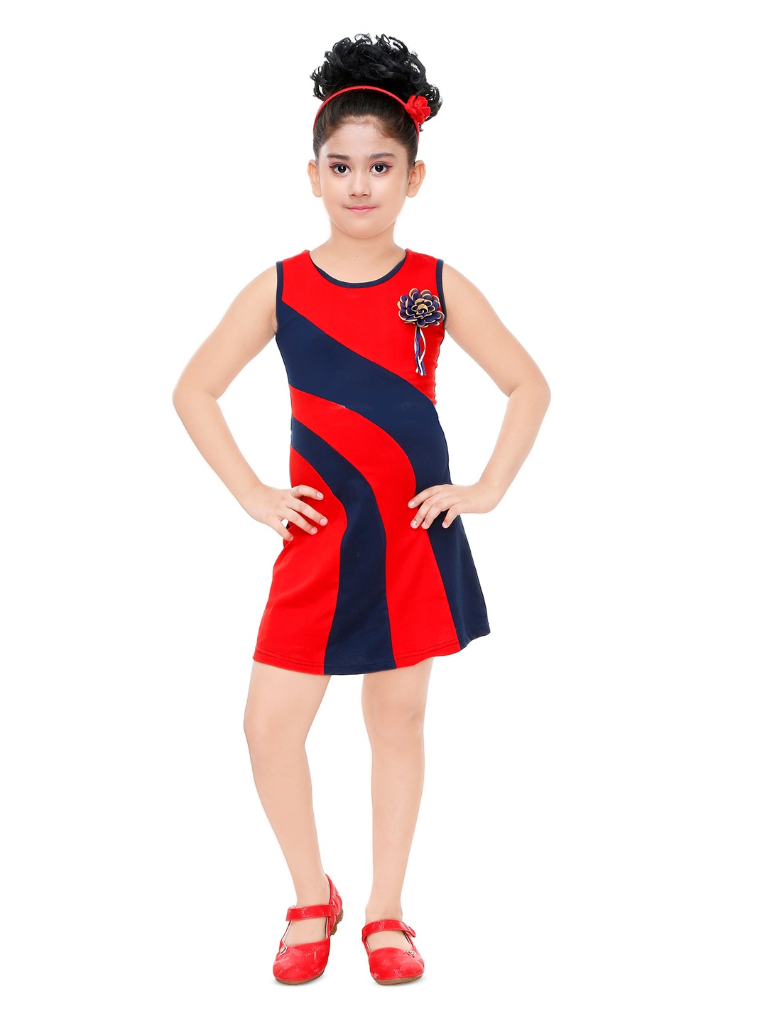 

BAESD Girls Colourblocked Cotton A-Line Dress, Red