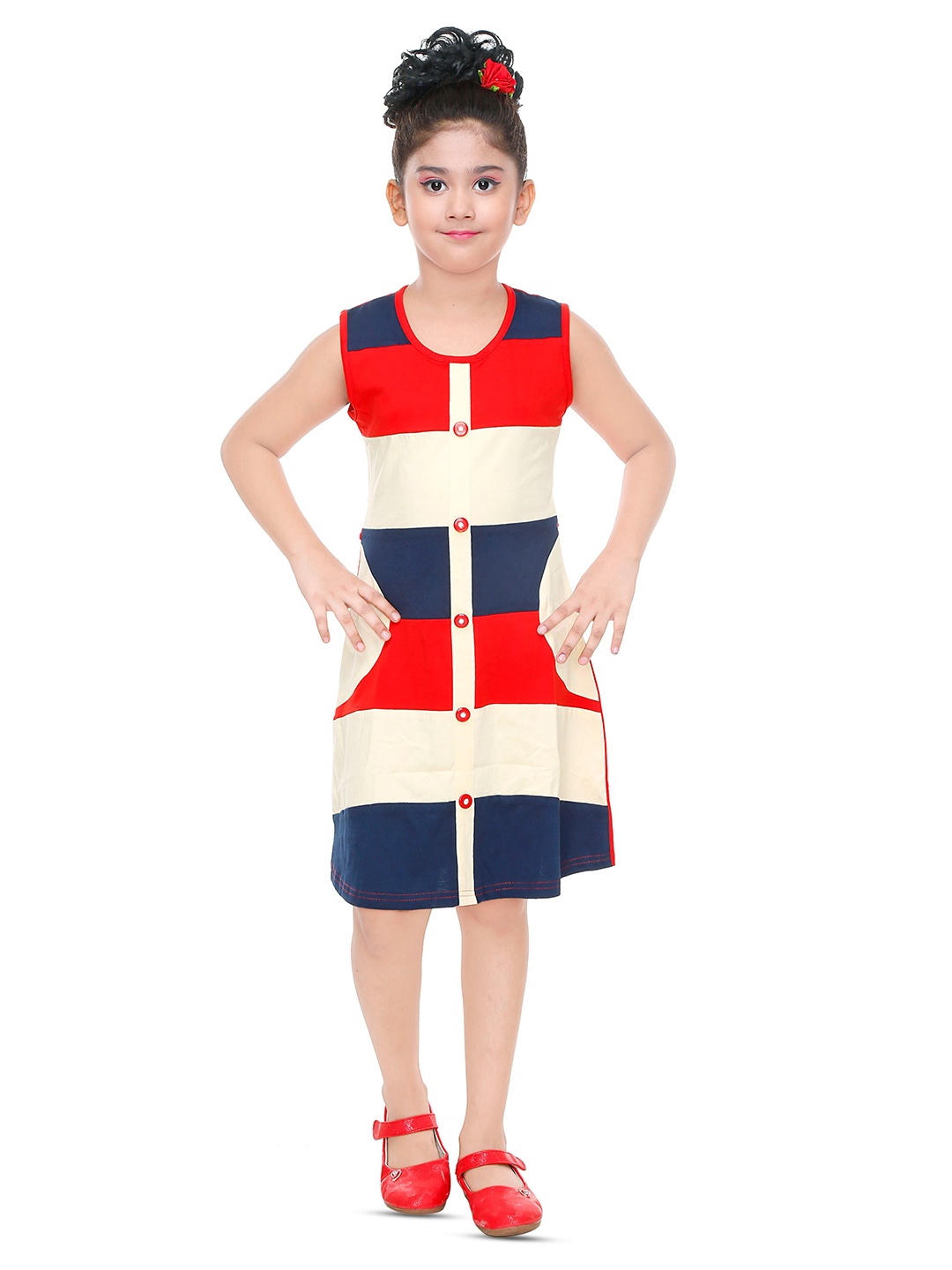 

BAESD Girls Colourblocked Cotton A-Line Dress, Red