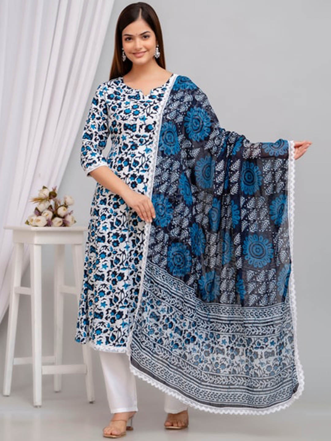 

STYLUM FAB Floral Printed Anarkali Kurta With Dupatta, Blue