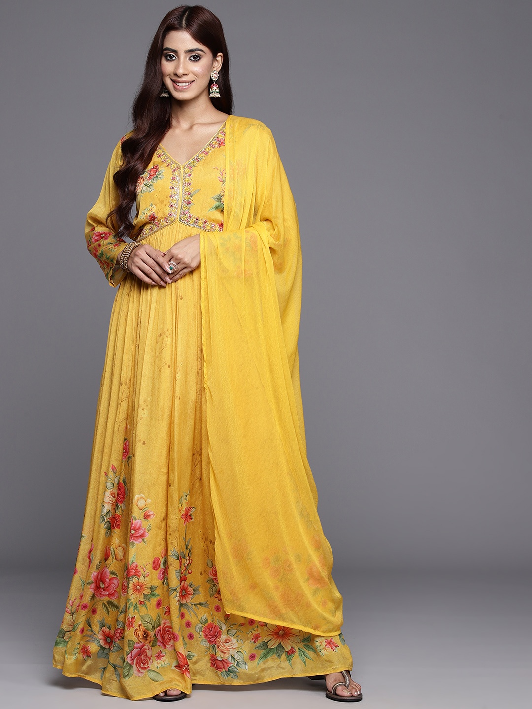 

Varanga Women Floral Embroidered Silk Anarkali Kurta, Yellow