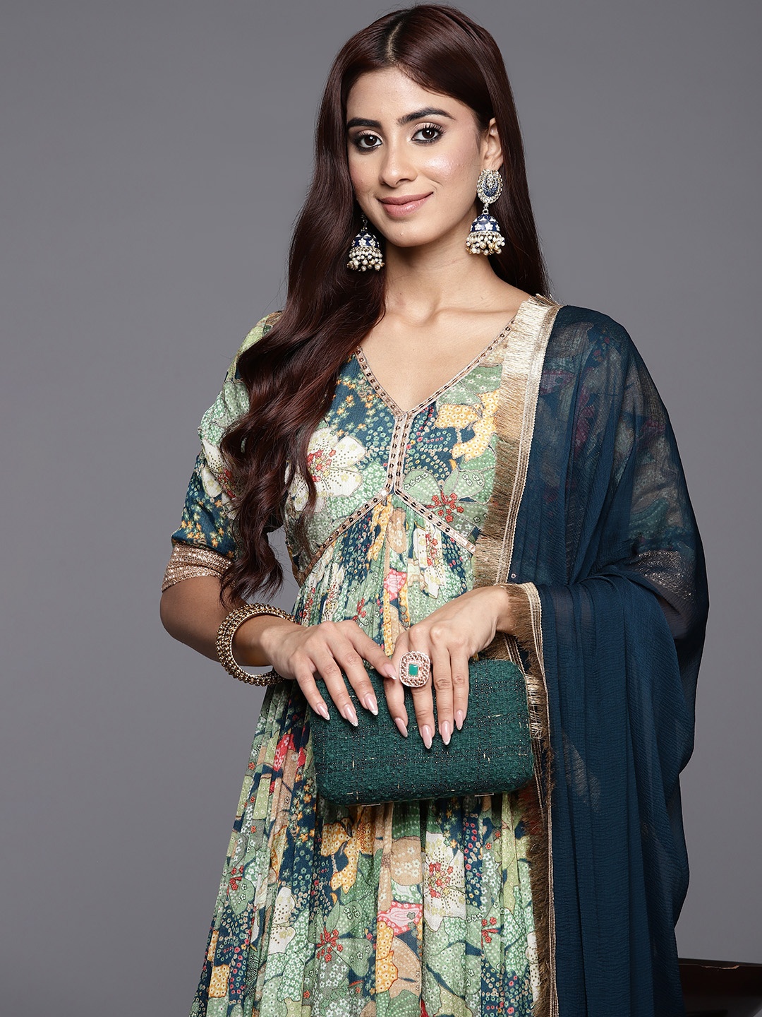 

Varanga Women Floral Printed Sequinned Silk Anarkali Kurta, Green