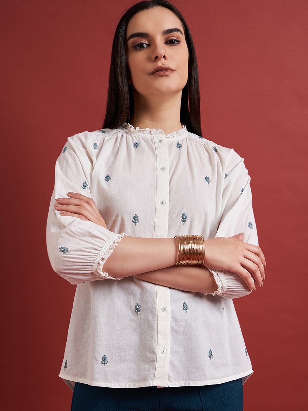 

all about you Floral Embroidered Pure Cotton Puff Sleeve Shirt Style Top, White
