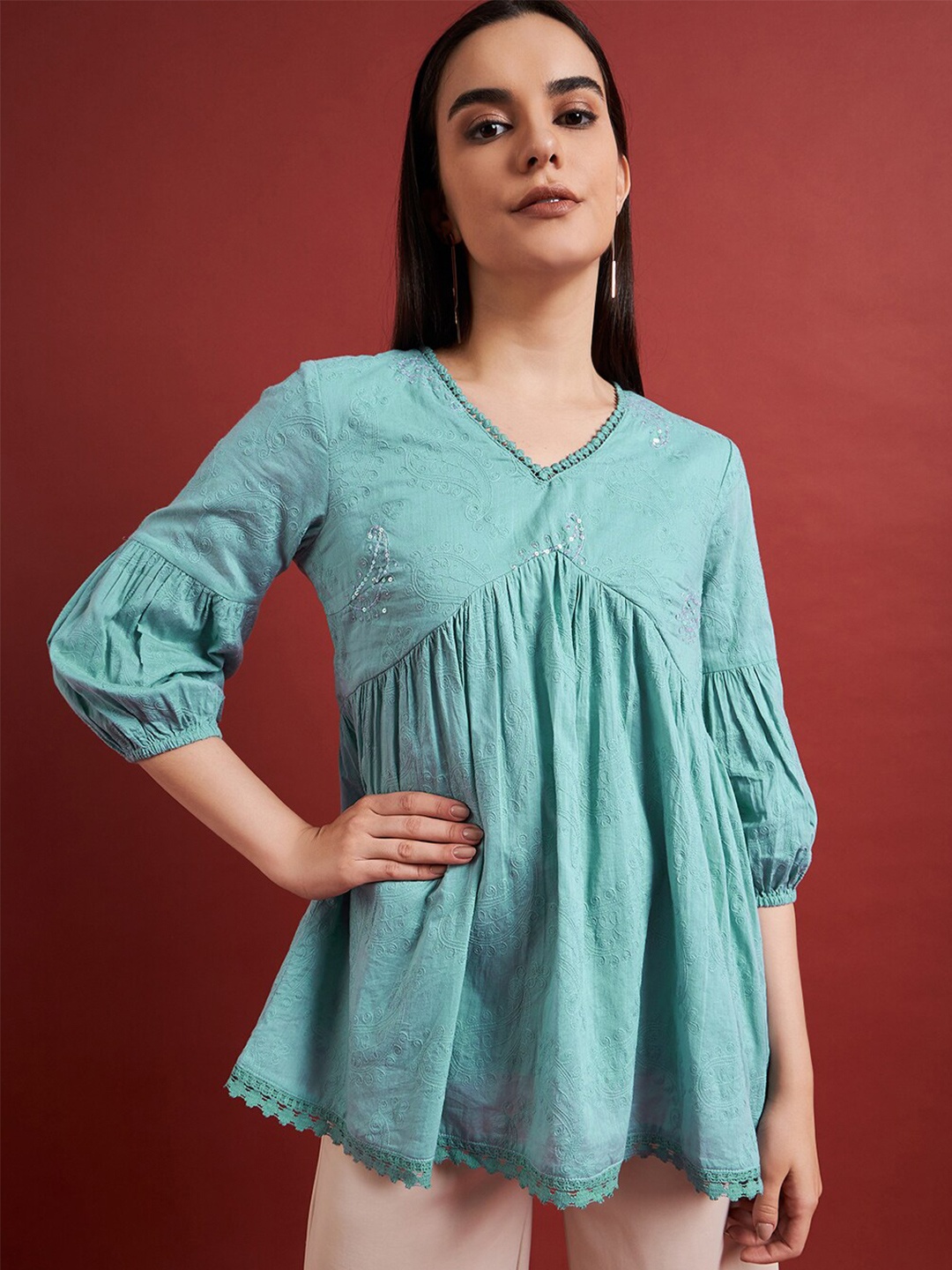 

all about you Floral Embroidered Pure Cotton V-Neck Puff Sleeve Pleated A-Line Top, Blue