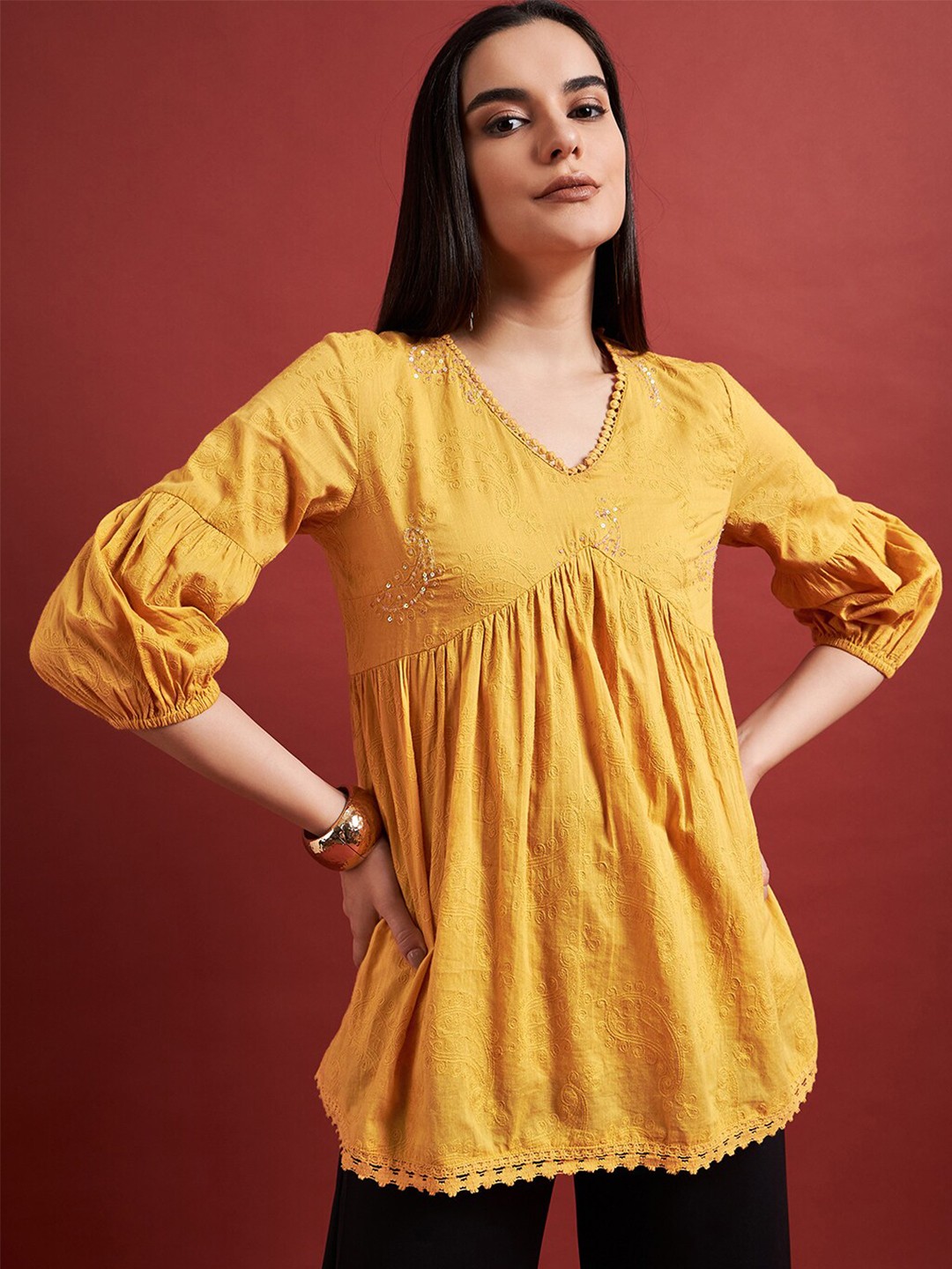 

all about you Floral Embroidered Pure Cotton V-Neck Puff Sleeve Pleated A-Line Top, Yellow