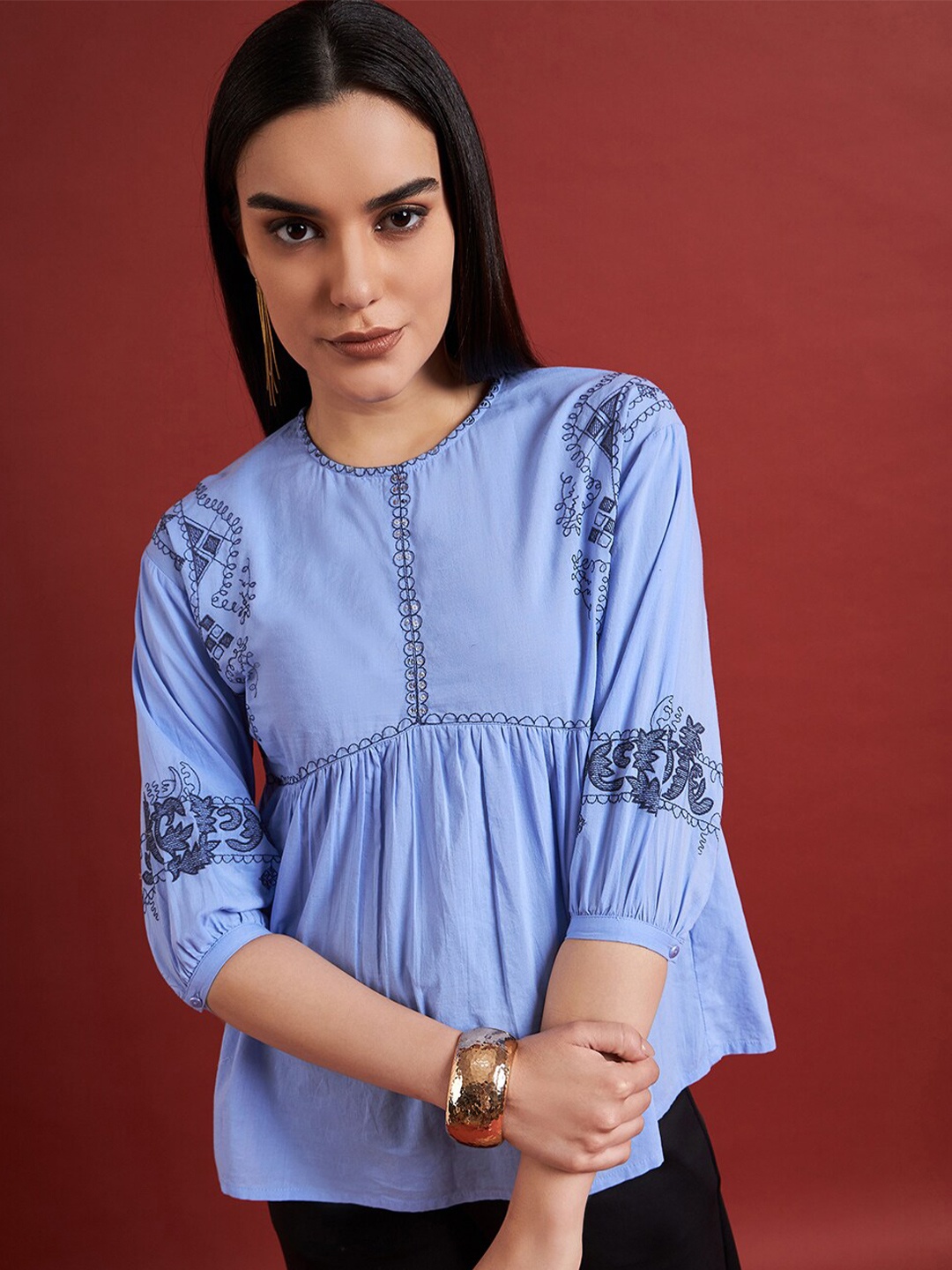

all about you Floral Embroidered Pure Cotton Puff Sleeve Pleated Empire Top, Blue