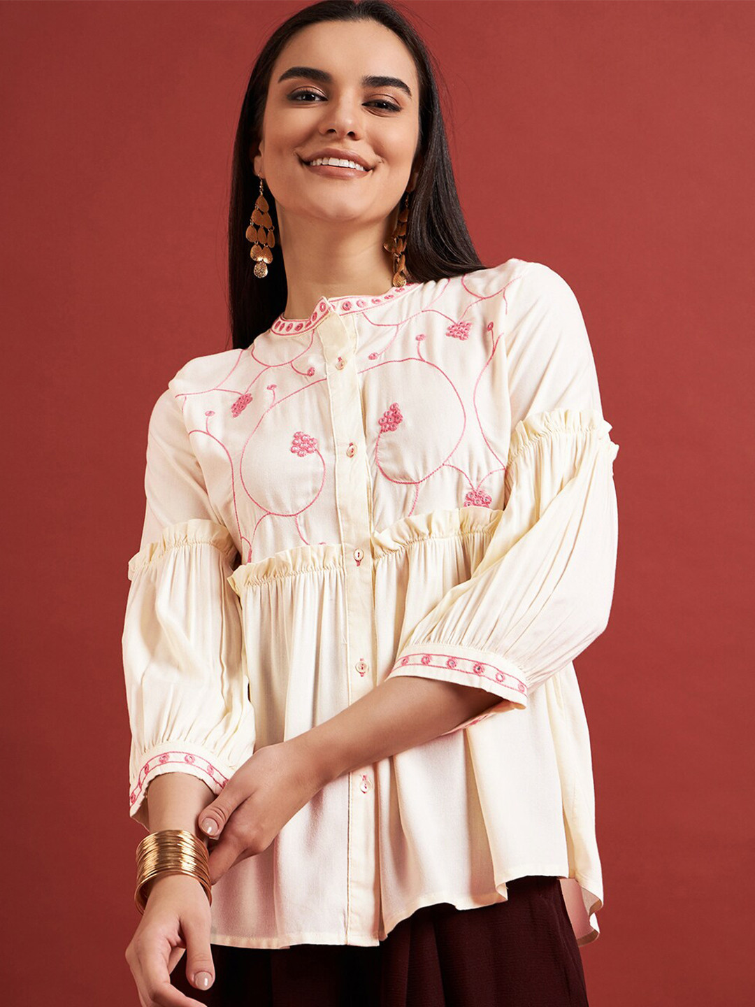 

all about you Floral Embroidered Pure Cotton Puff Sleeve Empire Top, Cream
