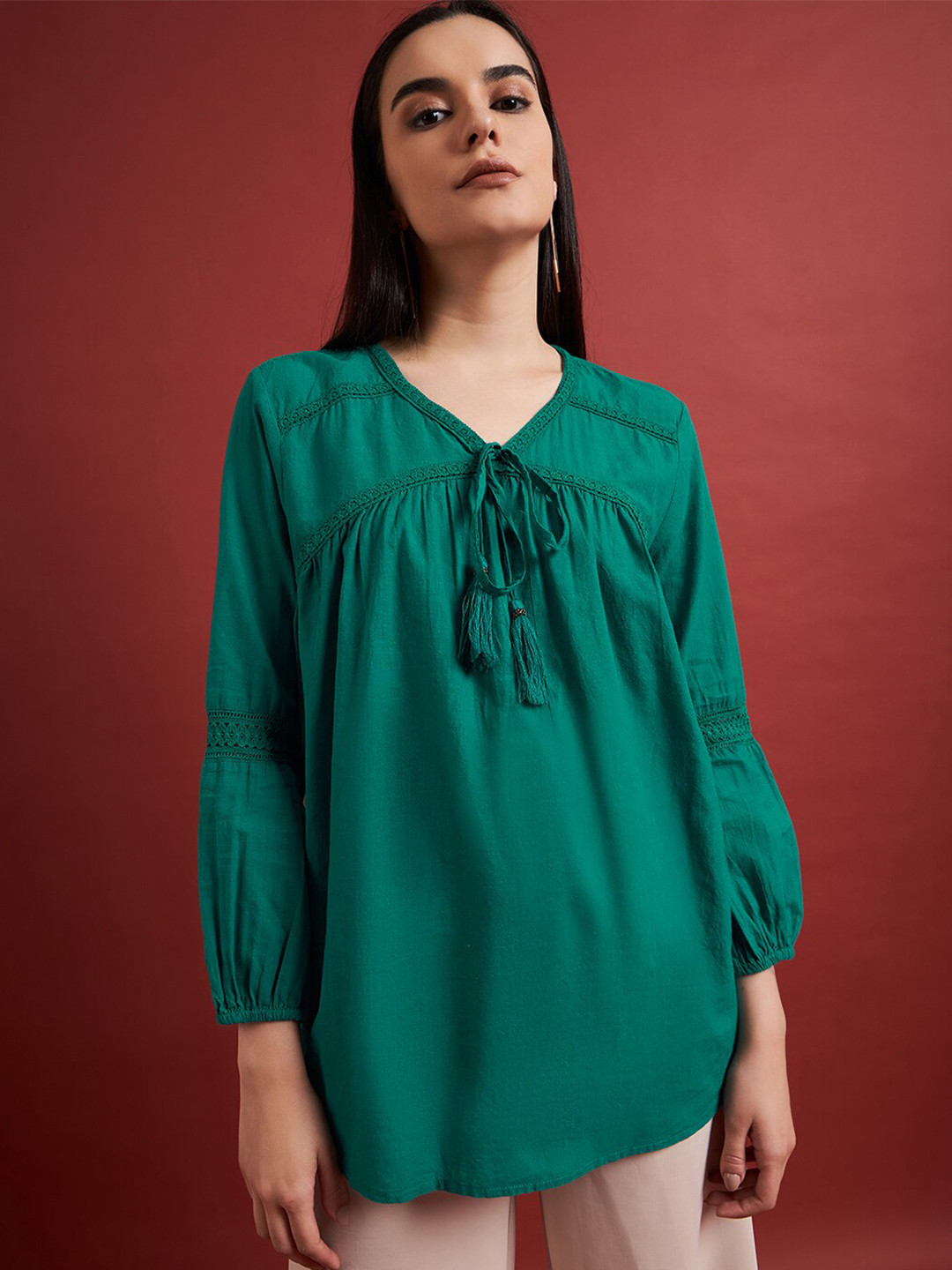 

all about you Pure Cotton Tie-Up Neck Puff Sleeves A-Line Top, Green