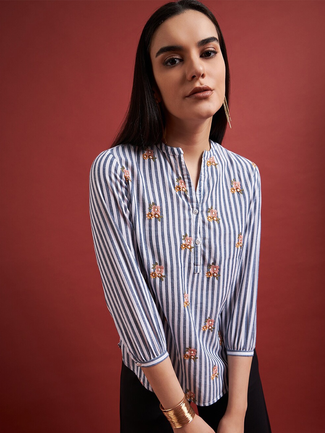 

all about you Striped Pure Cotton Mandarin Collar Shirt Style Top With Embroidered Detail, Blue