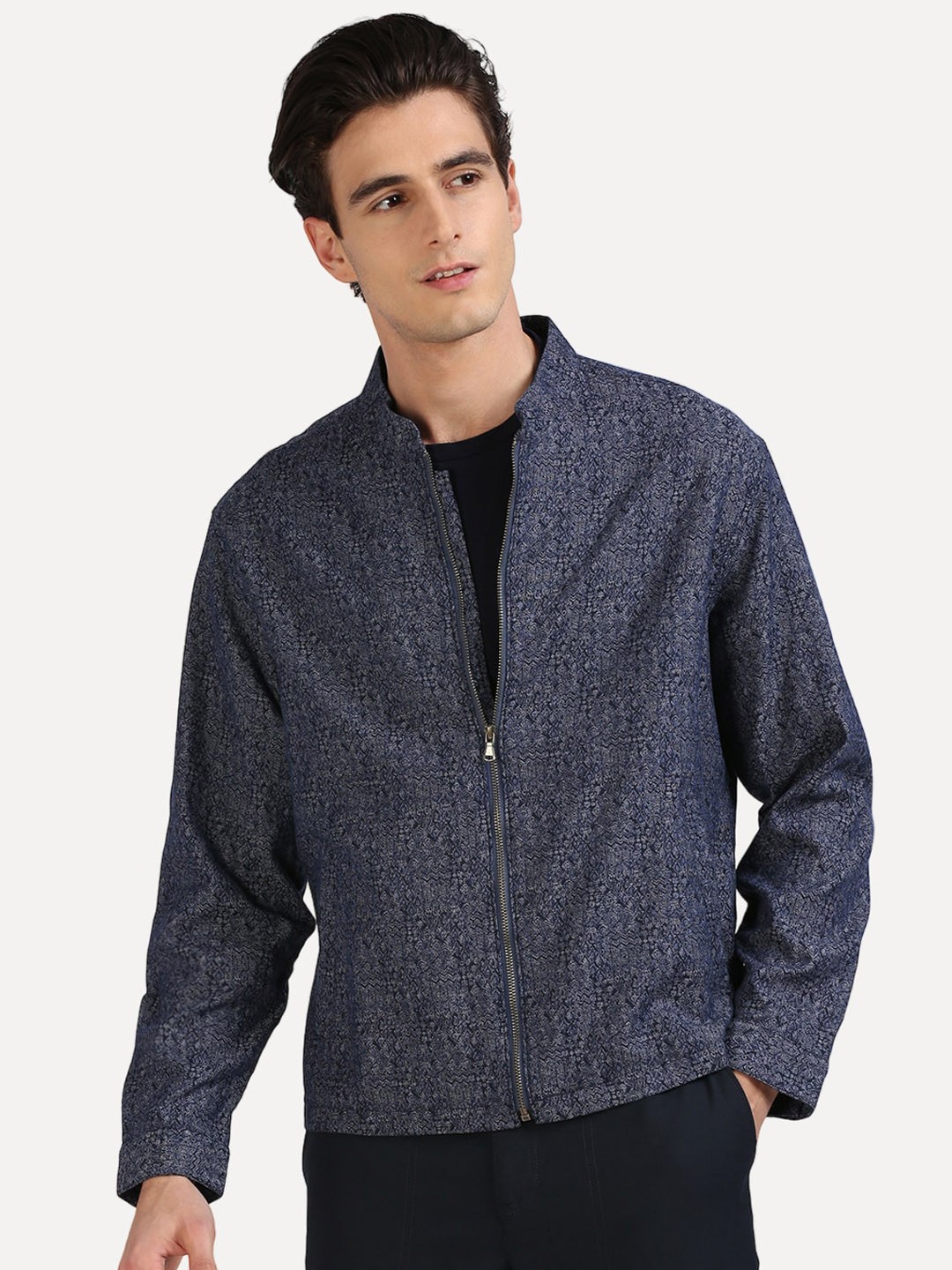 

ONEMILE Self Design Stand Collar Pure Cotton Tailored Jacket, Navy blue