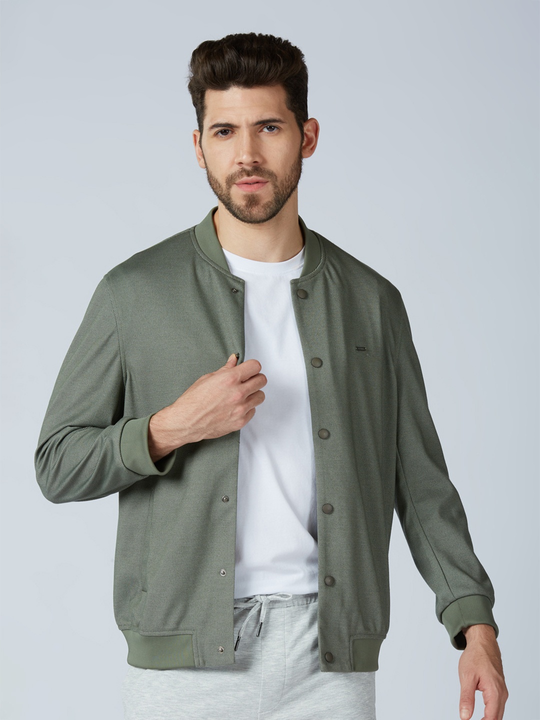 

ONEMILE Textured Stand Collar Long Sleeves Bomber Jacket, Green