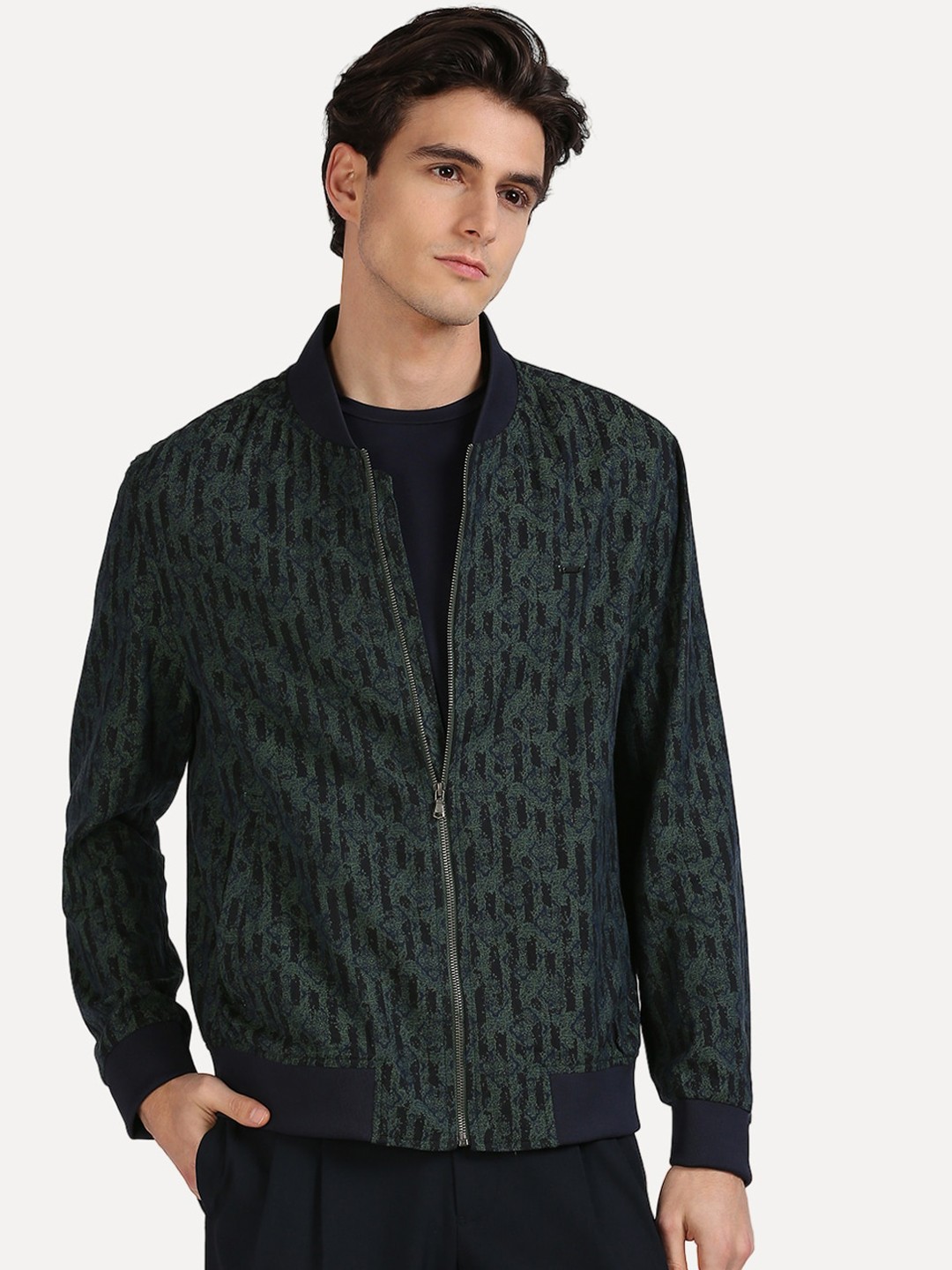 

ONEMILE Abstract Printed Pure Cotton Bomber Jacket, Navy blue