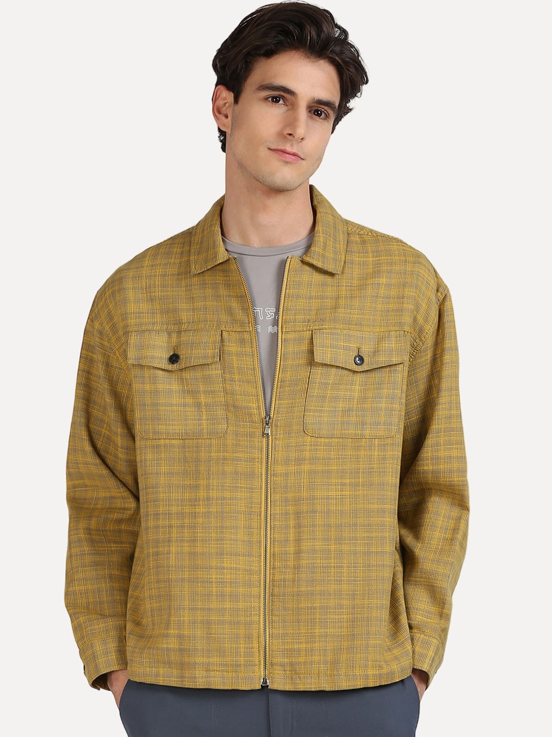 

ONEMILE Micro Checked Pure Cotton Shacket, Mustard