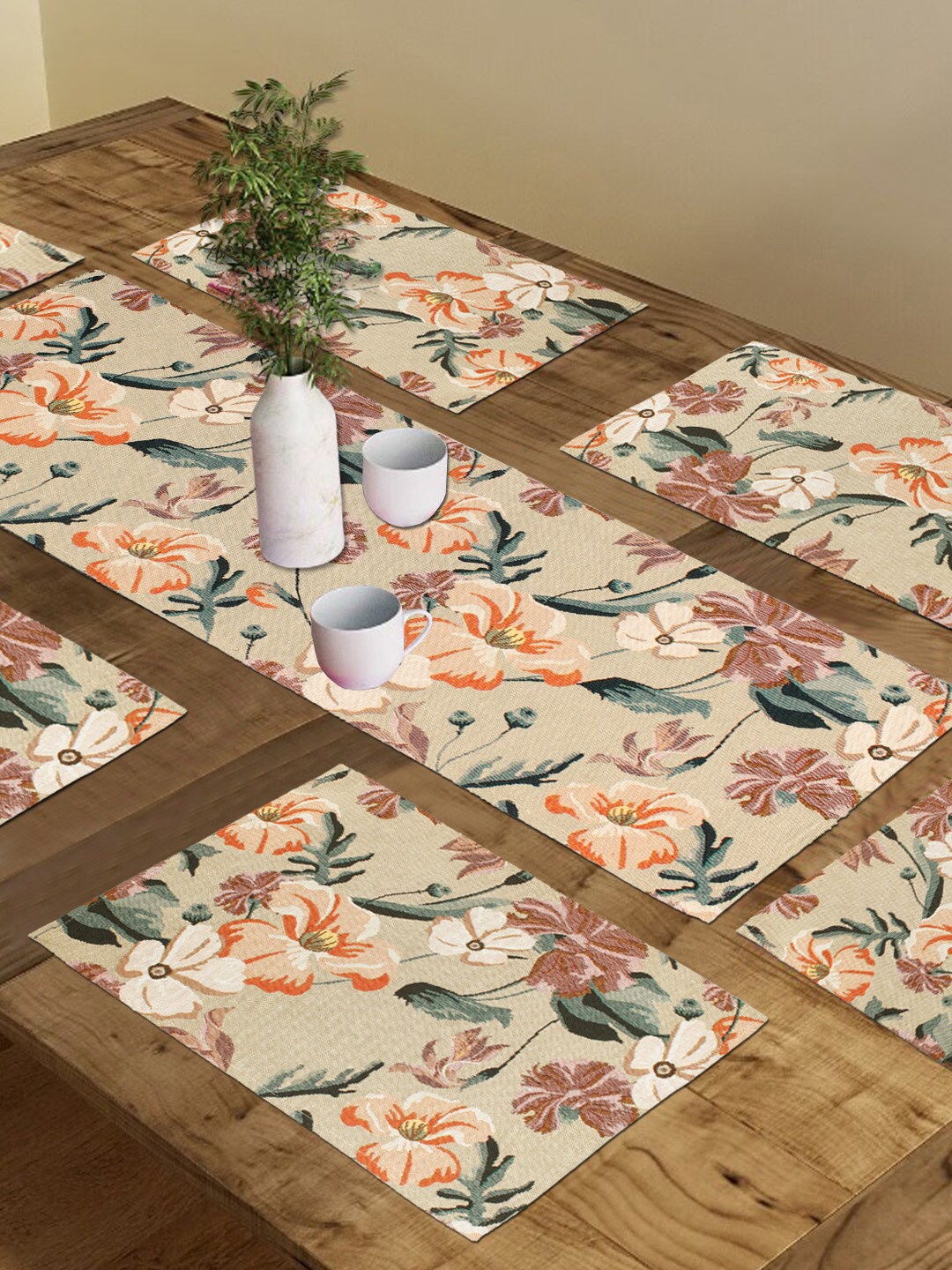 

AVI Living 9 Pieces Floral Jacquard Woven 600 GSM Table Placements With Runner, Beige
