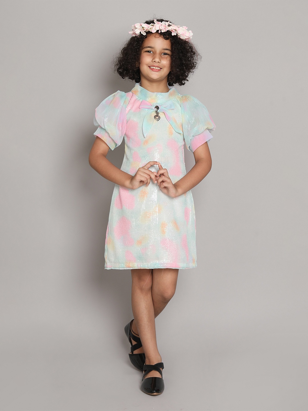 

The Magic Wand Girls Tie & Dye Puff Sleeve Party Dress, Off white