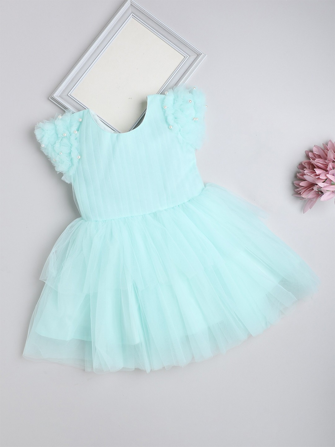 

The Magic Wand Girls Embellished Flutter Sleeves Ruffled Fit & Flare Party Dress, Blue