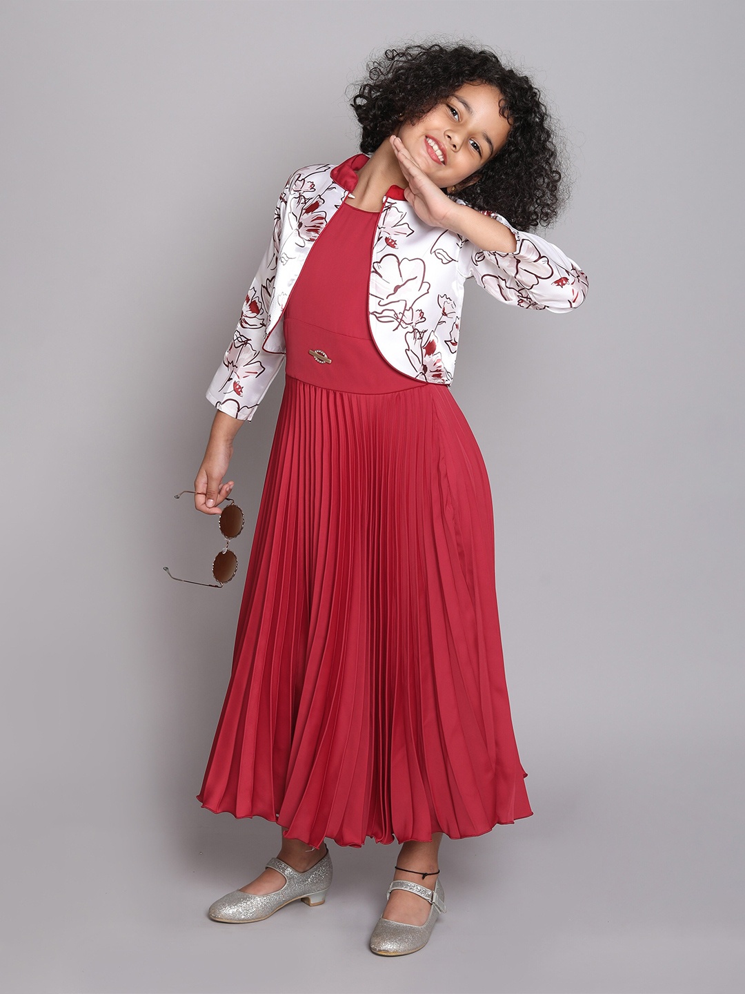

The Magic Wand Girls Accordion Pleated Maxi Dress With Shrug, Red