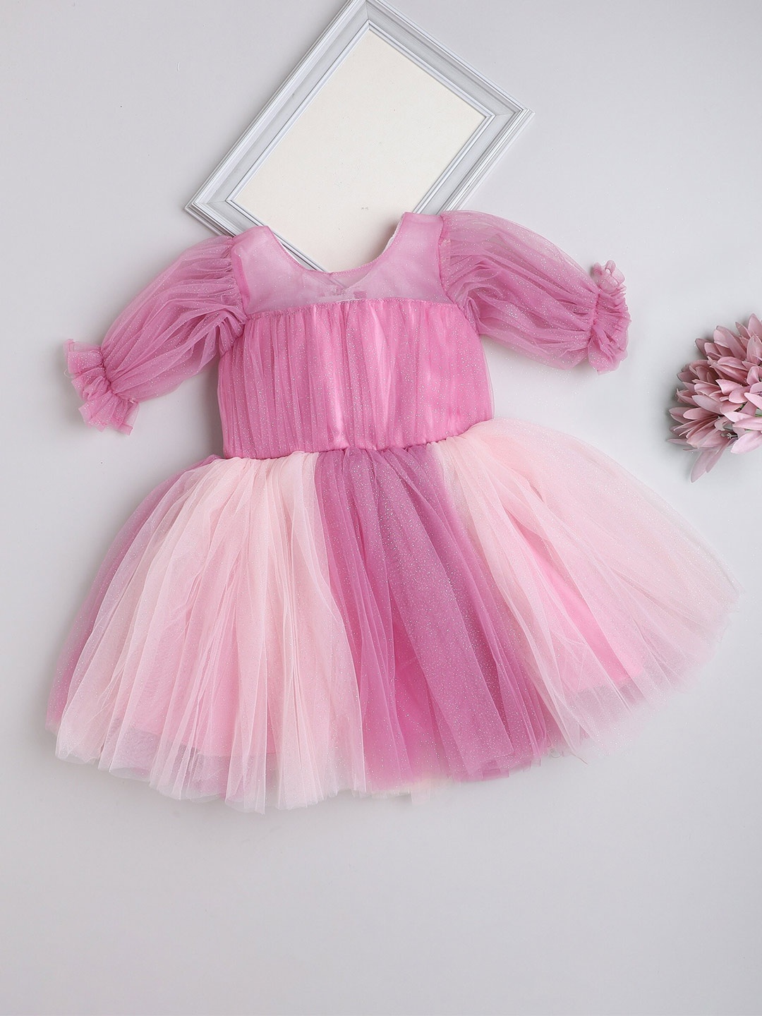 

The Magic Wand Girls Embellished Puff Sleeves Ruffled Fit & Flare Party Dress, Pink