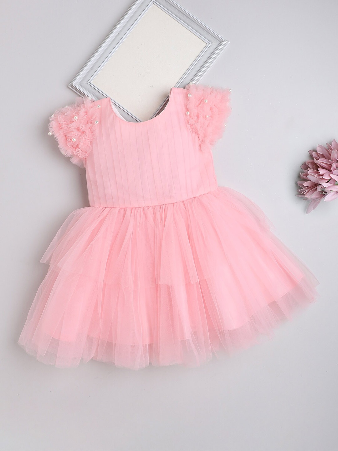 

The Magic Wand Girls Embellished Flutter Sleeves Ruffled Fit & Flare Party Dress, Peach