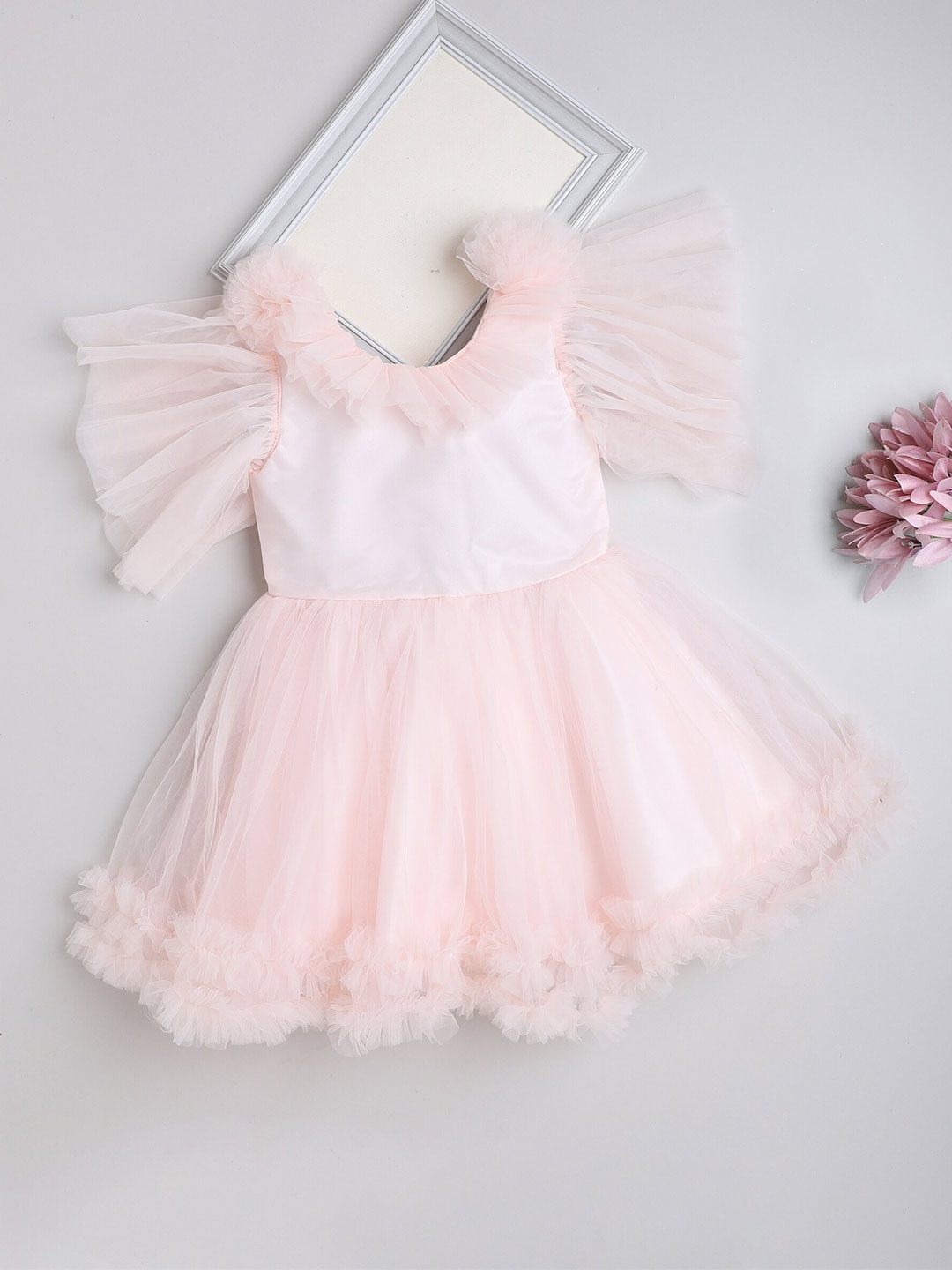 

The Magic Wand Girls Flutter Sleeves Ruffles Fit & Flare Dress, Peach