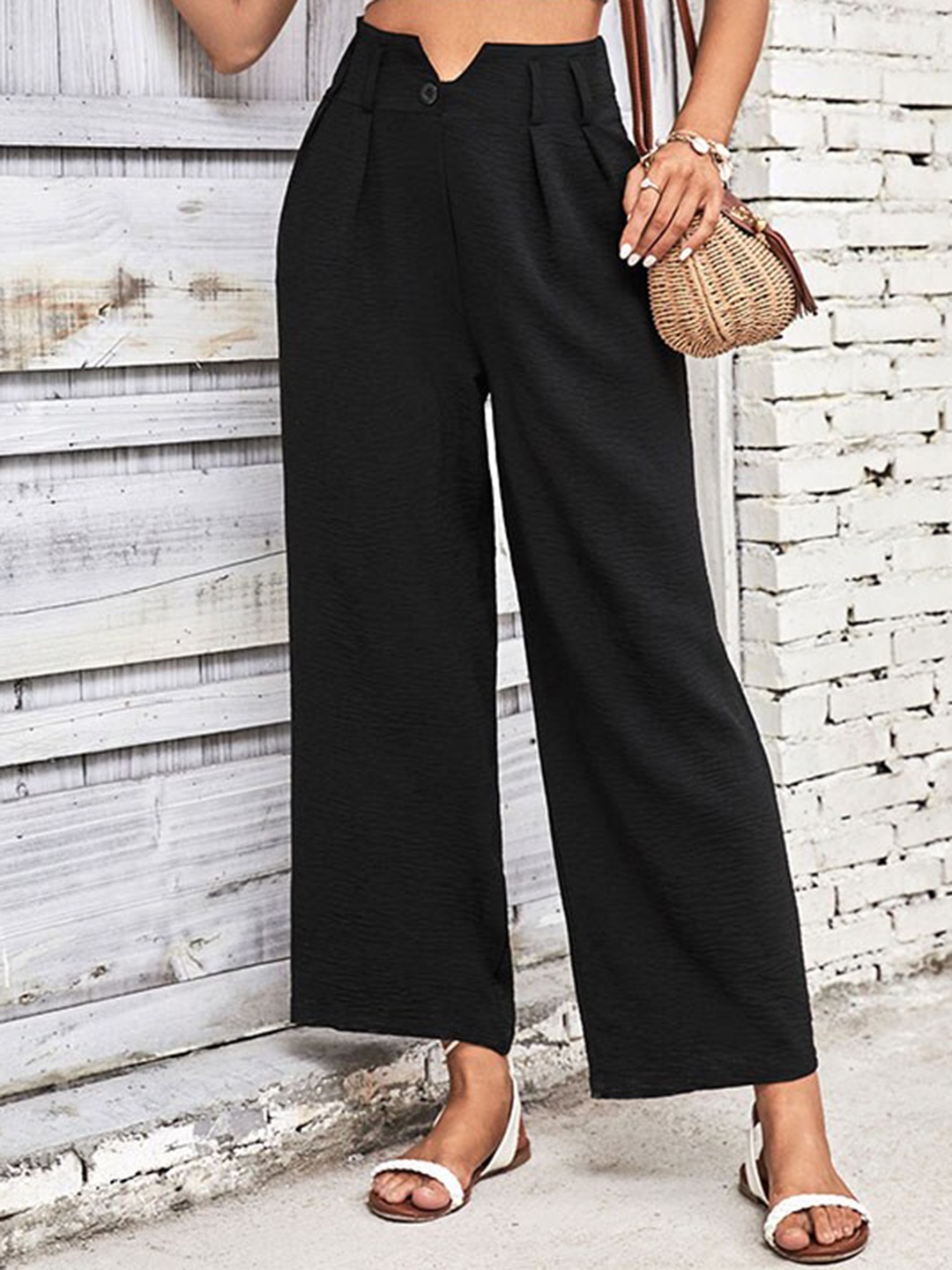 

StyleCast Women Black Loose Fit High-Rise Plain Pleated Regular Trousers