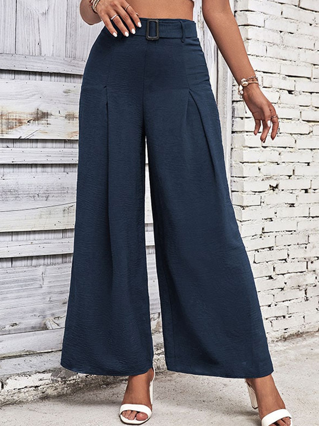 

StyleCast Women Navy Blue Flared High-Rise Pleated Parallel Trousers