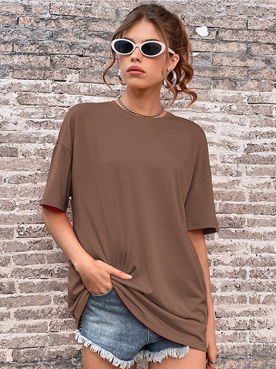 

StyleCast Coffee Brown Round Neck Oversized T-shirt
