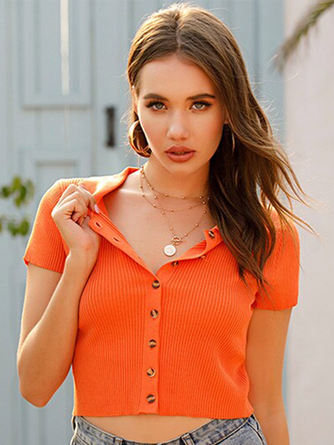 

StyleCast Ribbed Shirt Style Crop Top, Orange