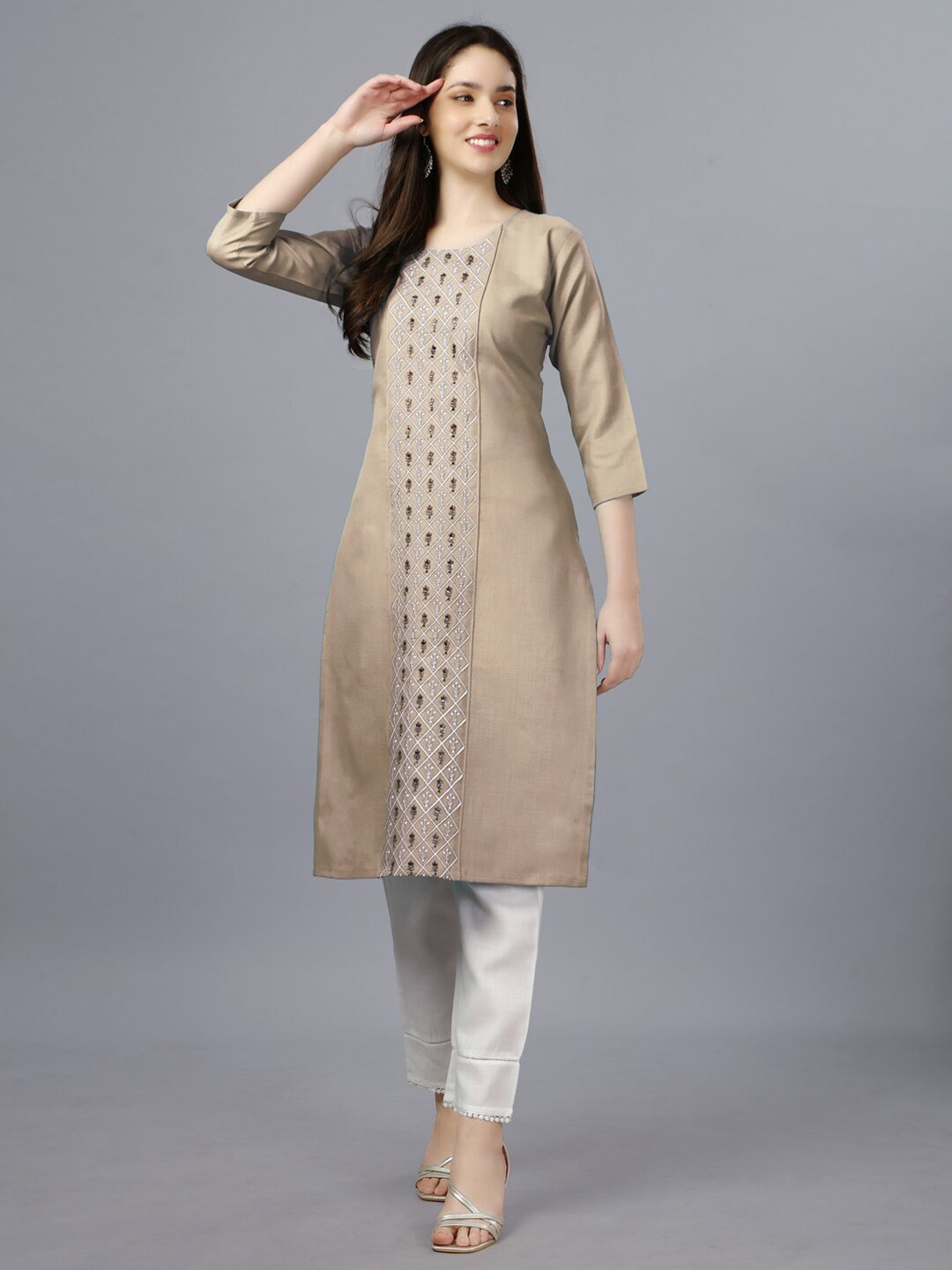 

ARADHNA Floral Embroidered Straight Kurta, Beige