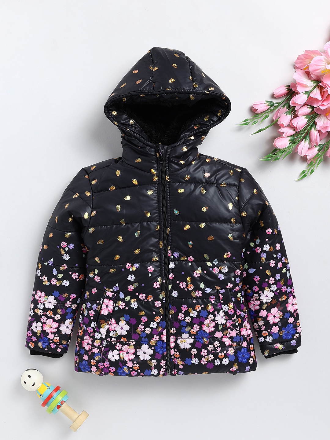 

Toonyport Kids Floral Printed Linen Hooded Puffer Jacket, Black