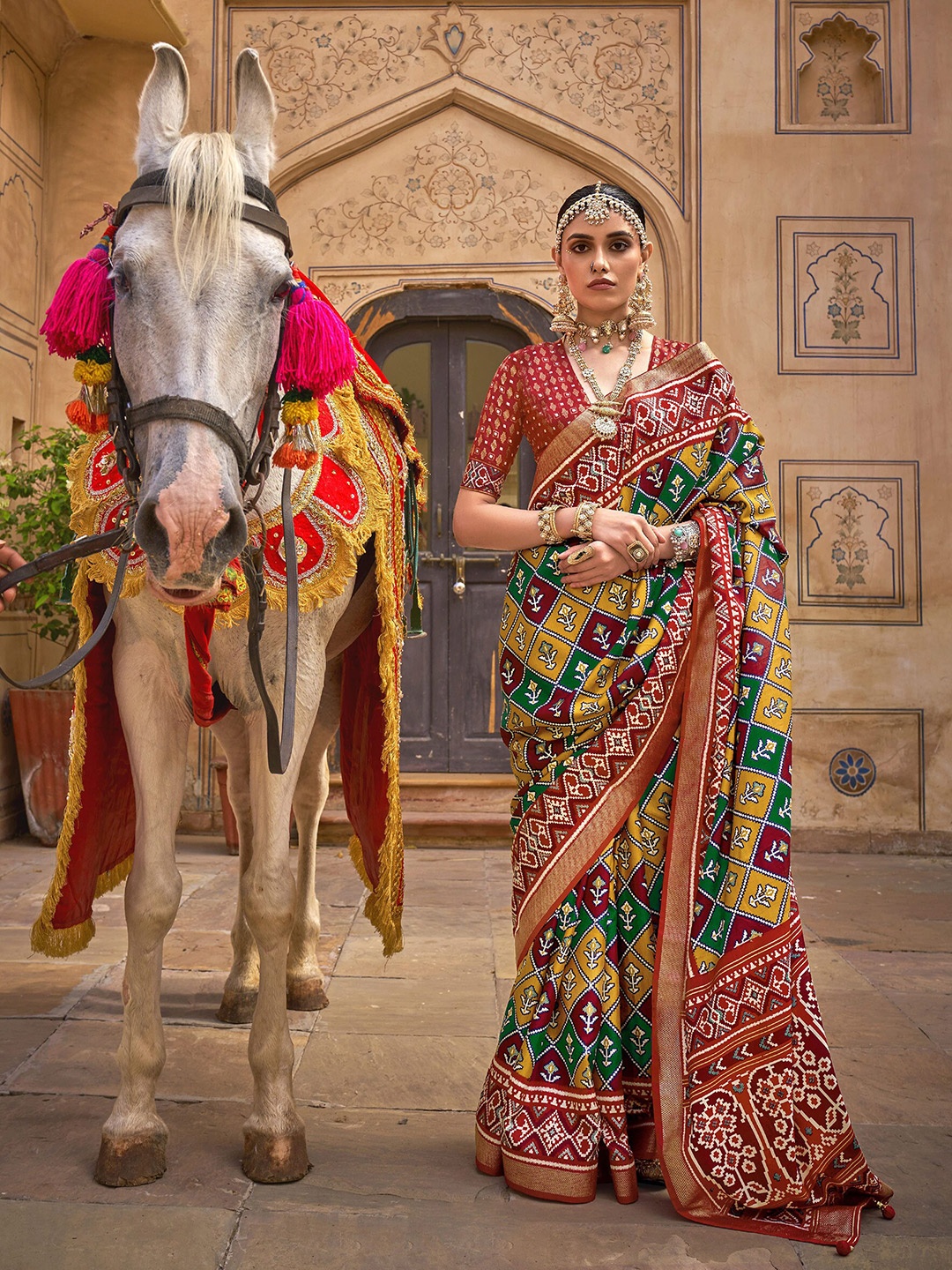

elora Ajrak Printed Zari Patola Saree, Green