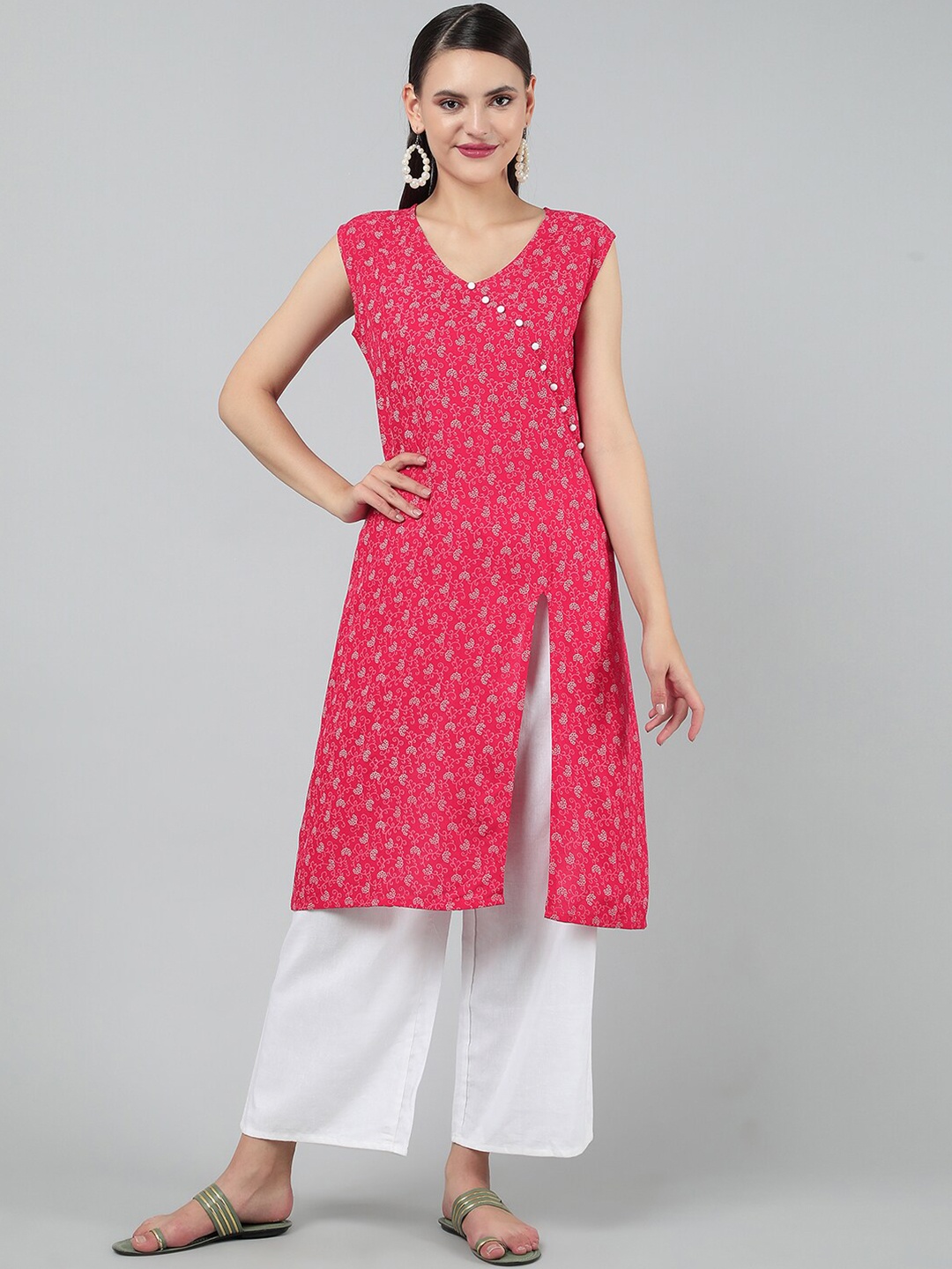 

KALINI FLoral Printed V-Neck Beads and Stones Detail Cotton A-Line Kurta, Pink