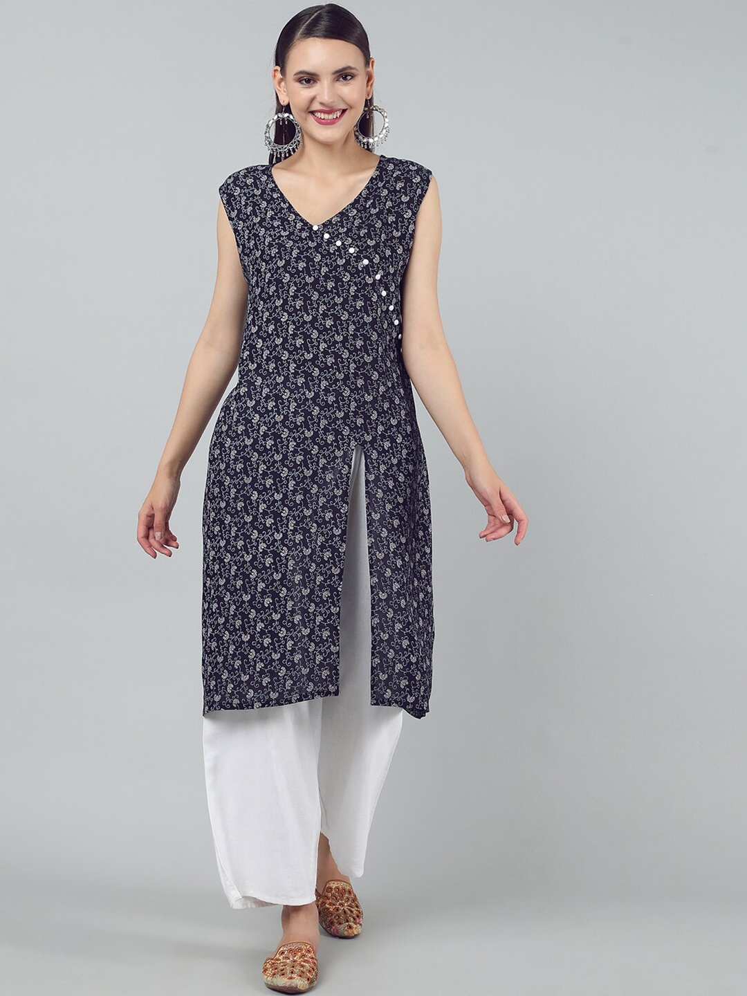 

KALINI Ethnic Motifs Printed High Slit Cotton Kurta, Navy blue