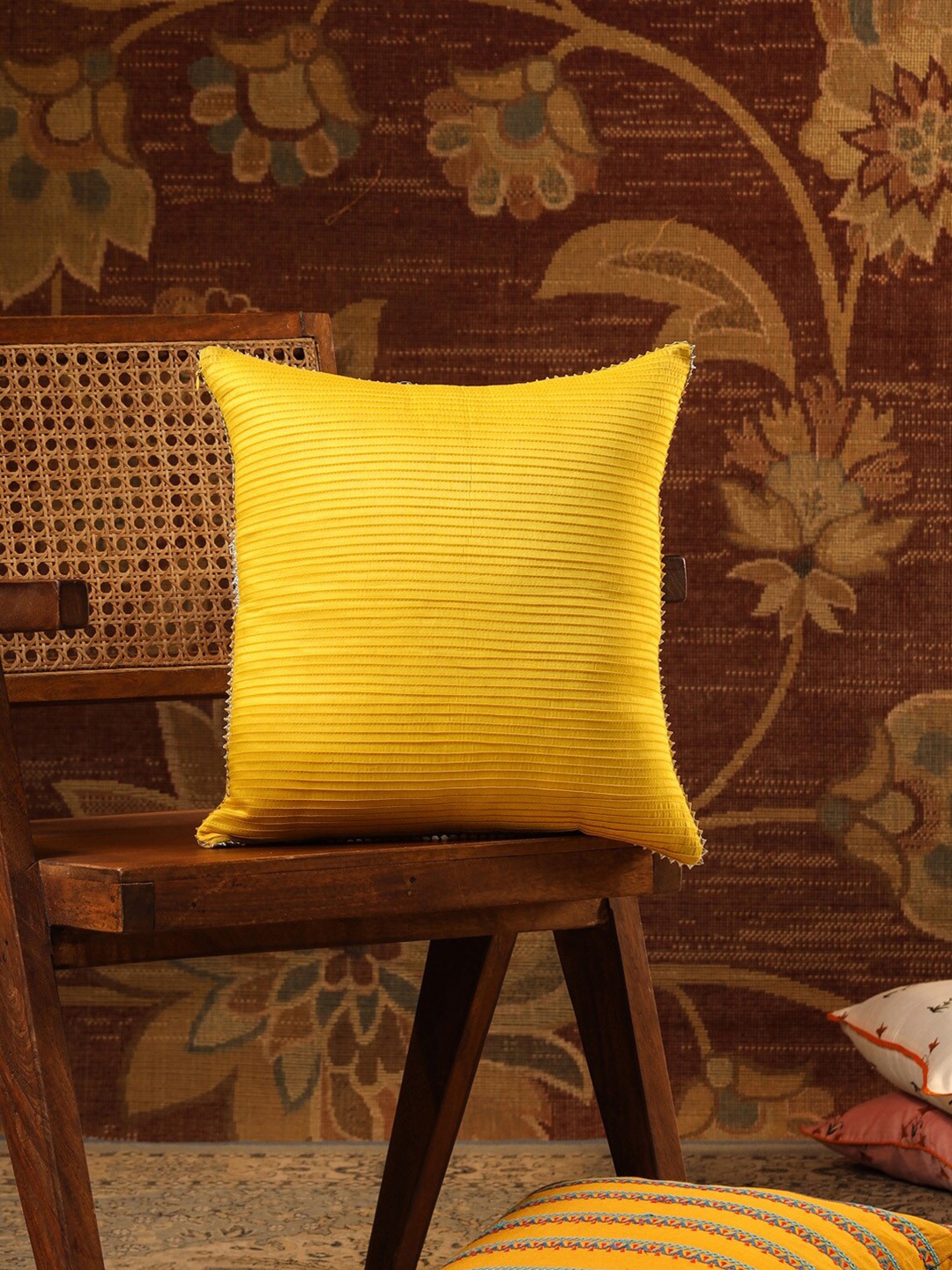 

House of Pataudi Yellow Self Design Square Pintuck Cushion Cover