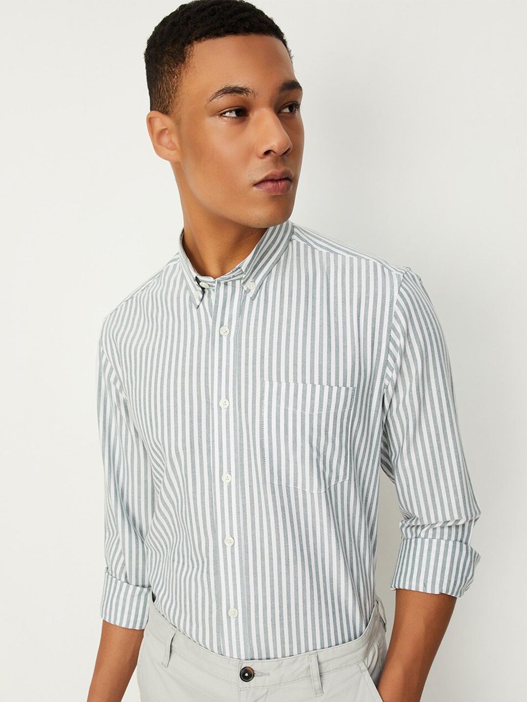 

max Striped Button Down Collar Pure Cotton Formal Shirt, Grey