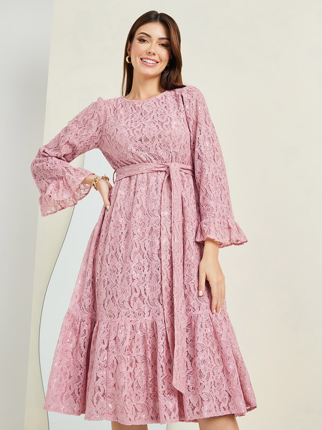 

Styli Pink Self Design Tie-Up Fit & Flare Midi Dress