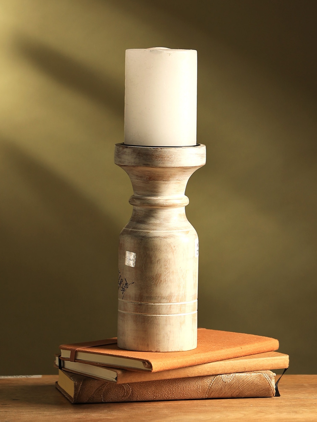 

Designer Library Carved Wooden Candle Holder, Off white