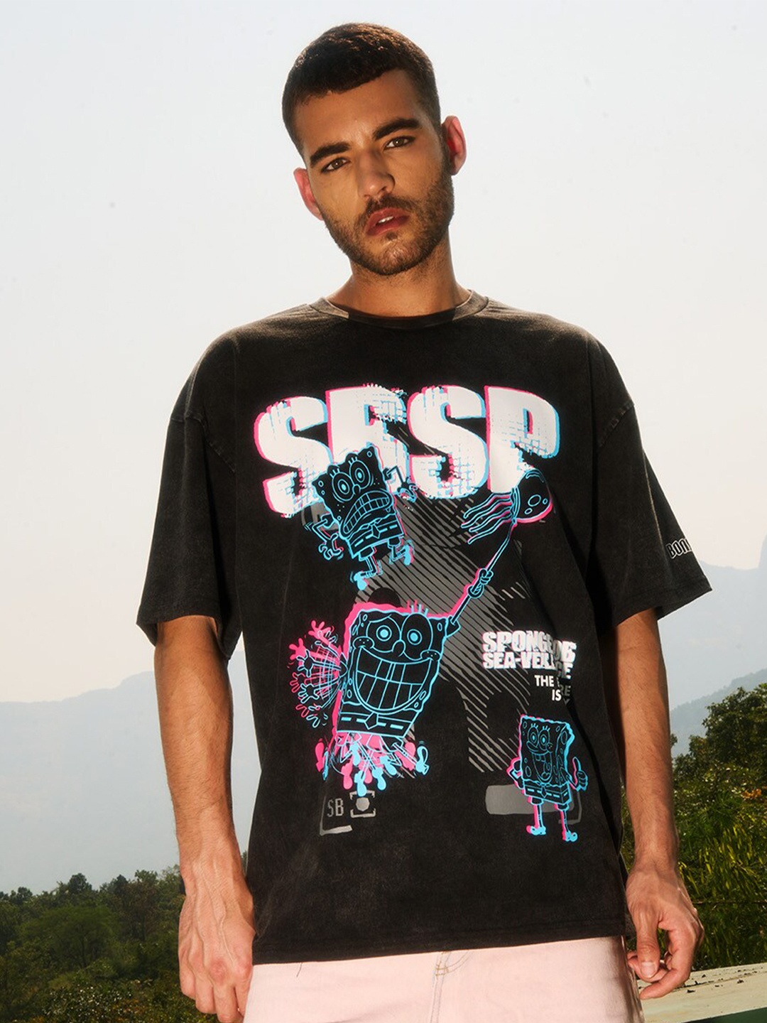 

Bonkers Corner Black Spongebob Printed Pure Cotton Oversized T-shirt