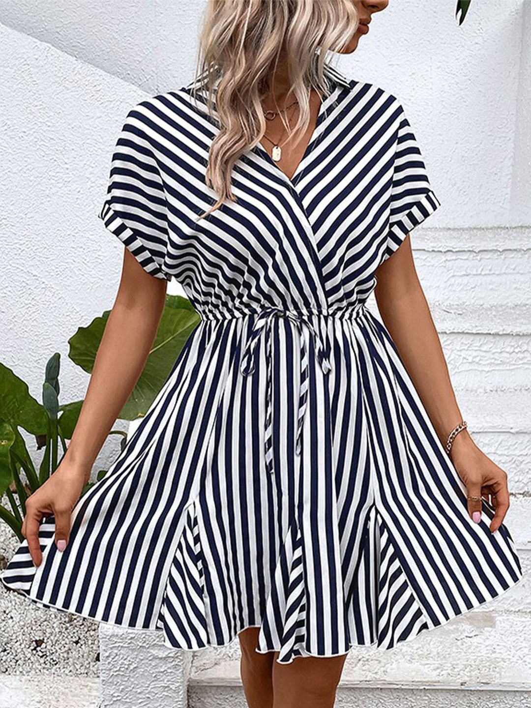 

StyleCast Navy Blue Striped Shirt Collar Extended Sleeves Fit and Flare Dress