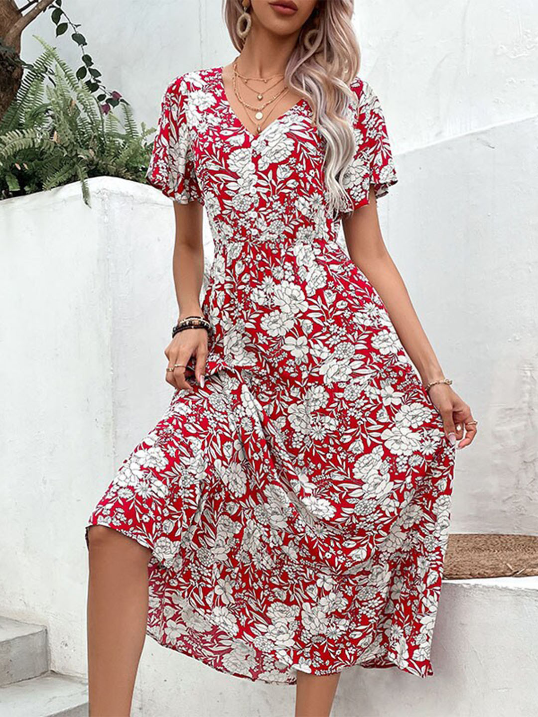 

StyleCast Red Floral Printed V-Neck Flared Sleeve Fit & flare Dress