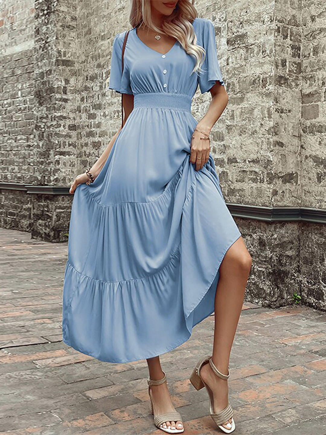

StyleCast Blue V-Neck Tiered A-Line Dress