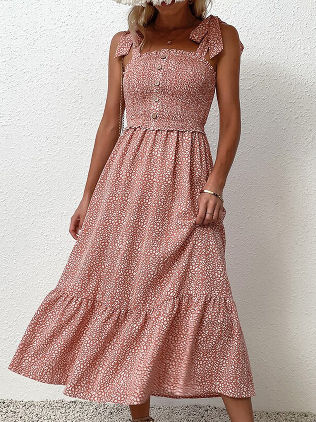 

StyleCast Pink Abstract Printed Shoulder Straps Smocked Fit & Flare Dress