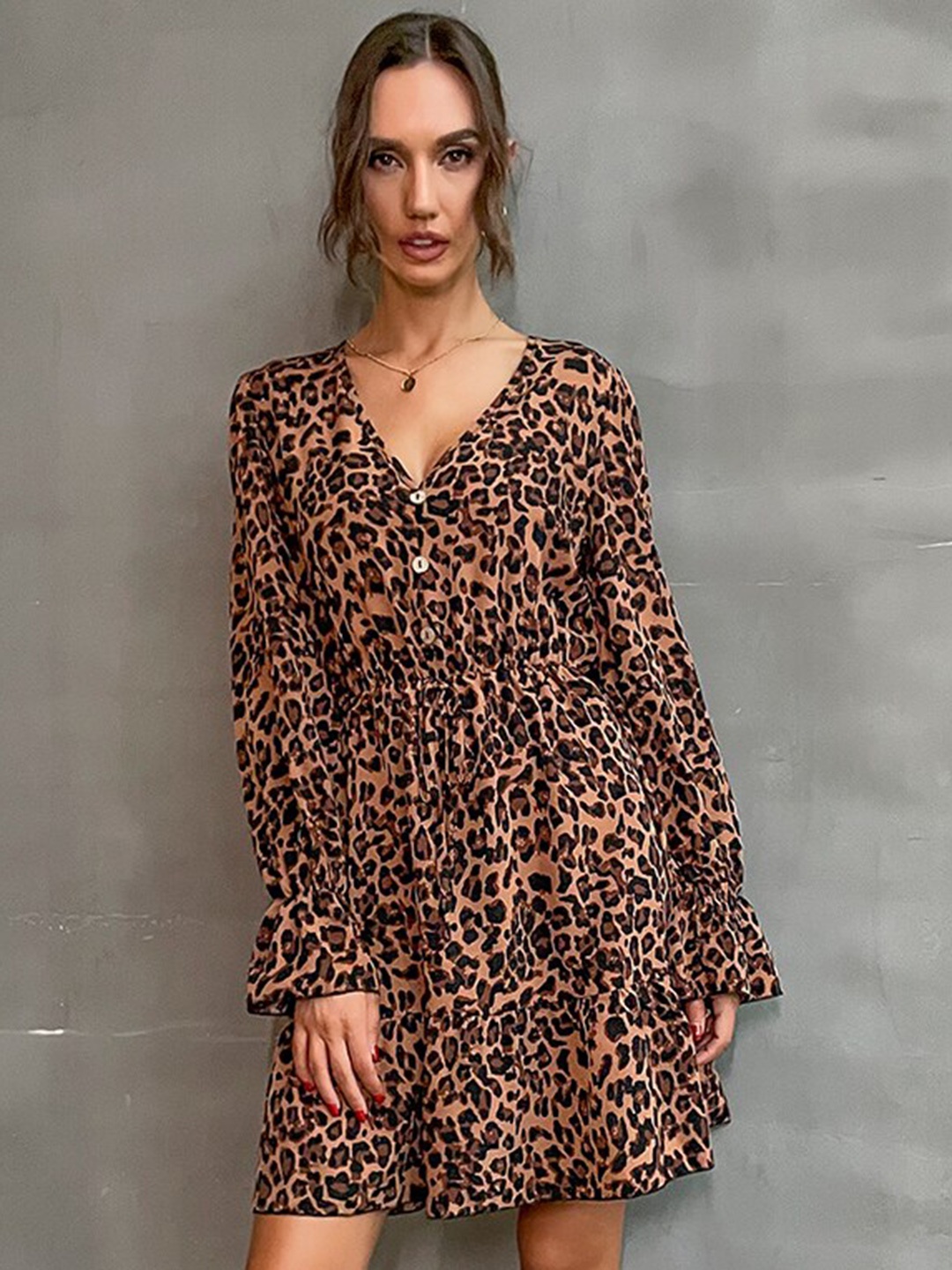 

StyleCast Khaki & Black Animal Skin Printed Puff Sleeves A-Line Dress