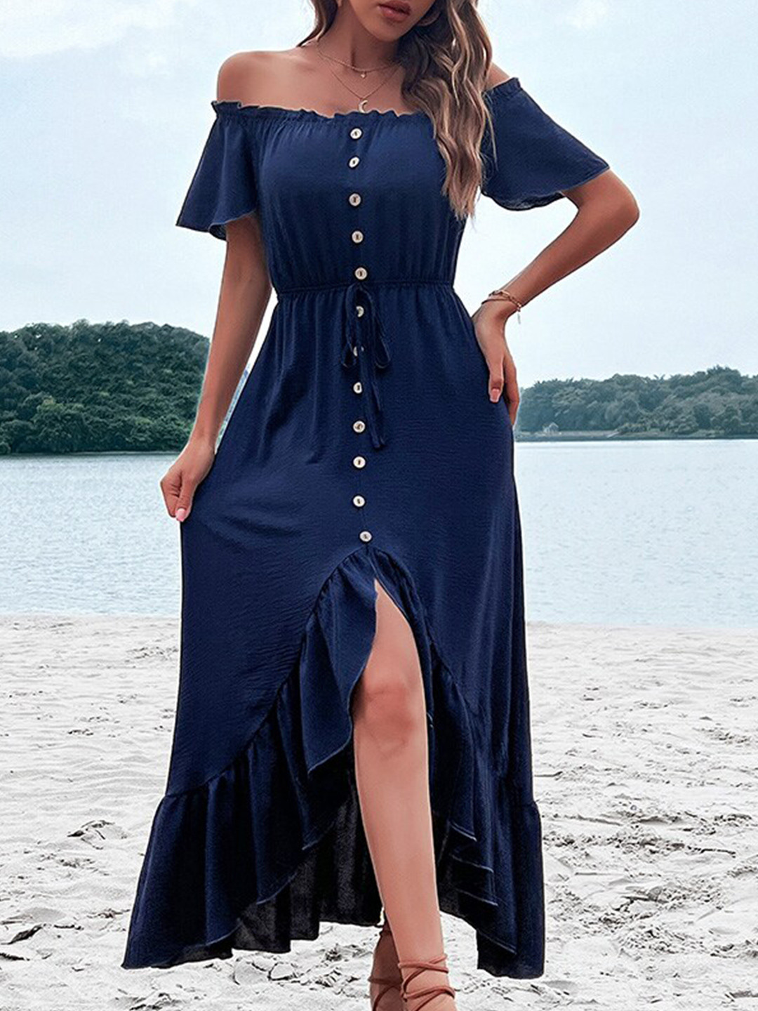 

StyleCast Navy Blue Off Shoulder Ruffled Dress