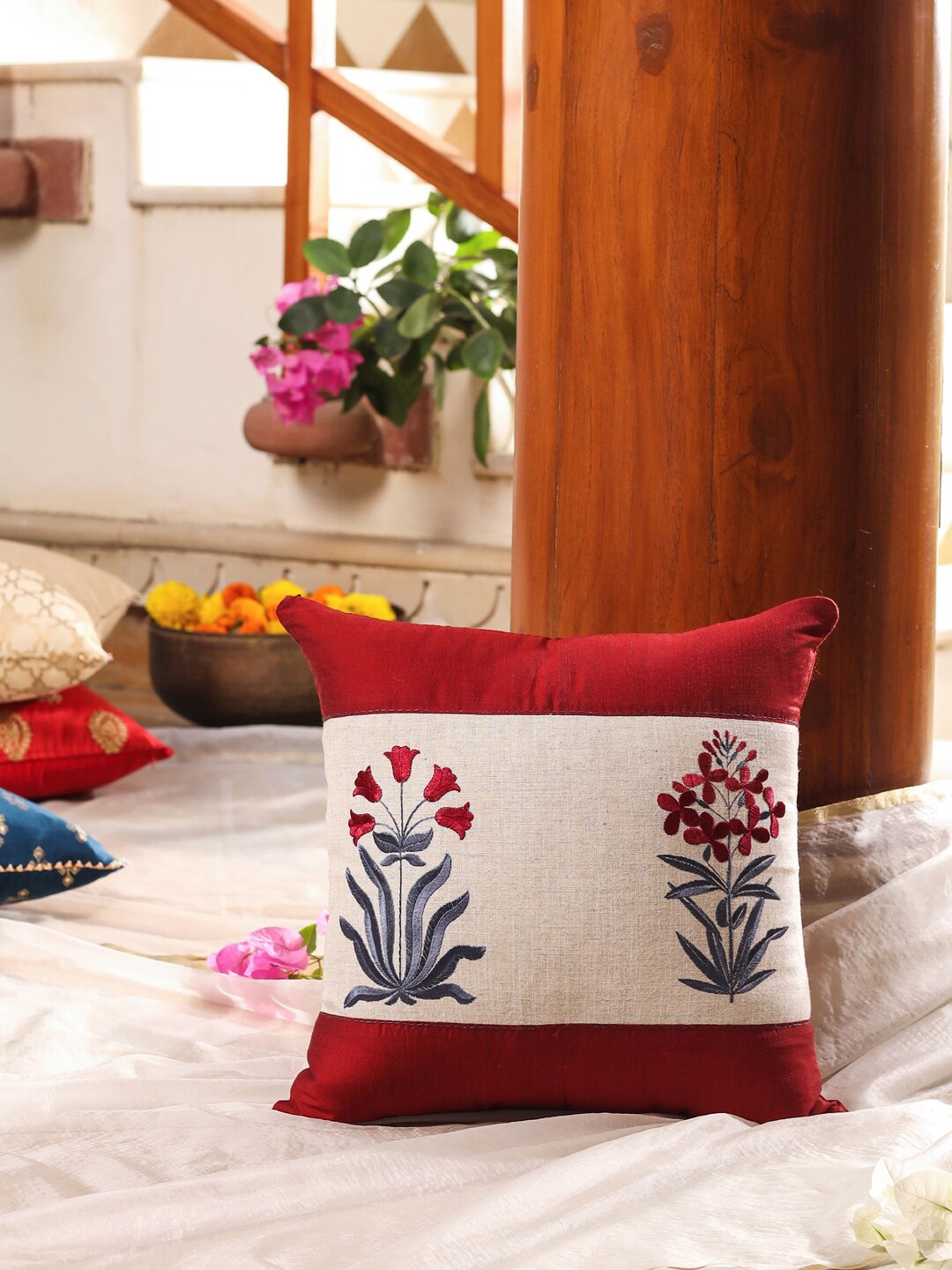 

House of Pataudi Maroon & Grey Ethnic Motifs Cotton Linen Square Cushion Cover