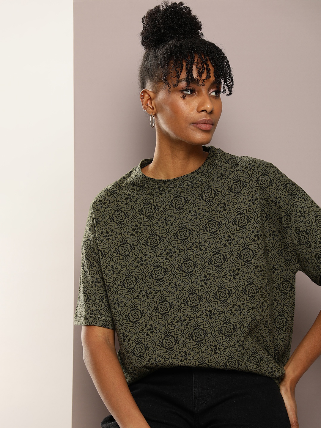

Kook N Keech Women Printed Pure Cotton T-shirt, Olive